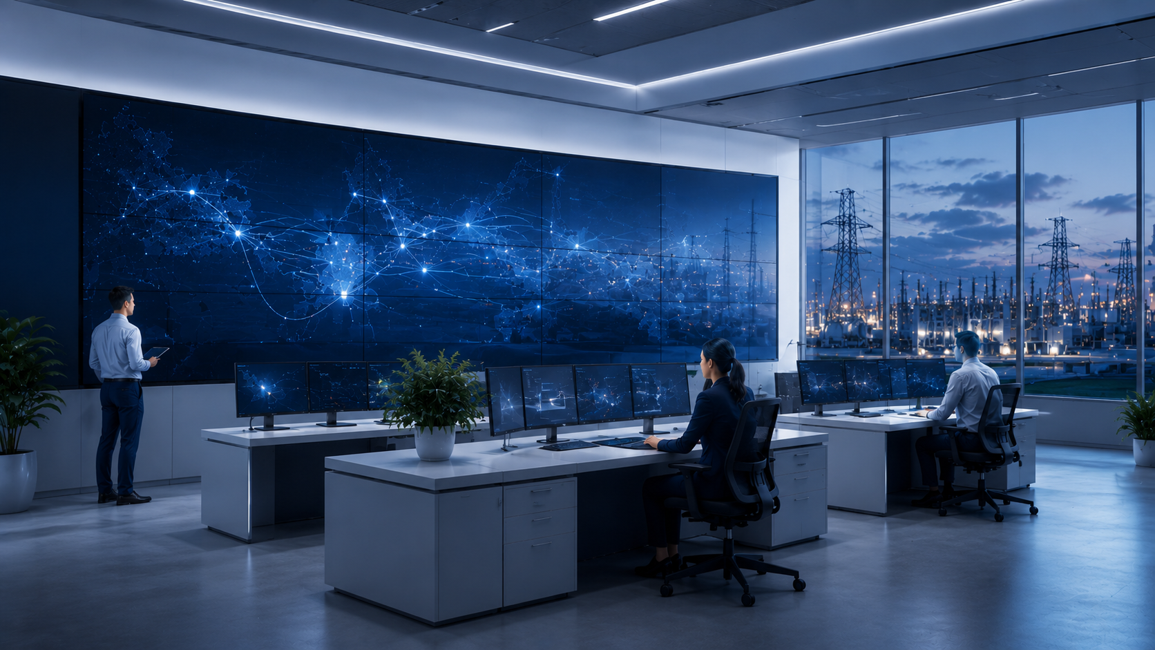 Operations room where analysts review a live smart-grid attack model on a video wall, with transmission infrastructure visible through the windows