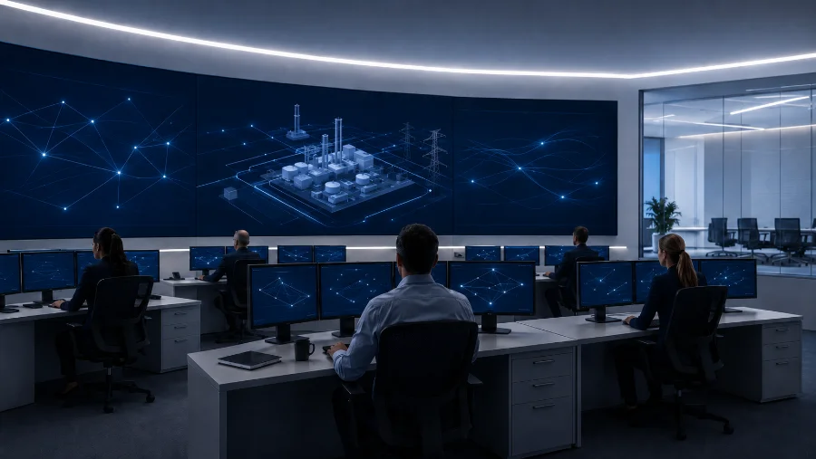 Enterprise operations room where analysts review a living attack model